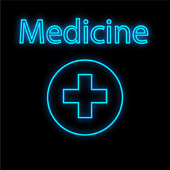 Obraz premium Bright luminous blue medical digital neon sign for a pharmacy or hospital store beautiful shiny with an ambulance sign with a cross on a black background. illustration