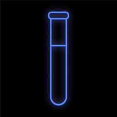 Bright luminous blue medical scientific digital neon sign for a pharmacy store or hospital laboratory. A beautiful shiny flask or test tube on a black background. illustration