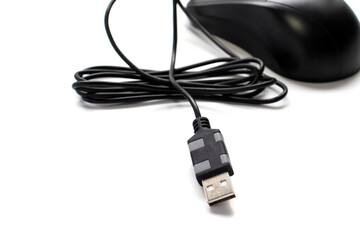 a close-up usb cable for a computer mouse.