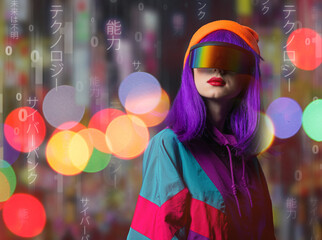 Style woman with pink hair and VR glasses on background with japanese letters
