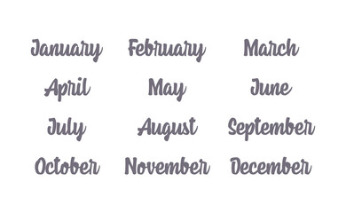Handwritten names of months: December, January, February, March, April, May, June, July, August, September, October, November. Calligraphy words for calendars and organizers.