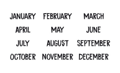 Fototapeta premium Handwritten names of months: December, January, February, March, April, May, June, July, August, September, October, November. Calligraphy words for calendars and organizers.