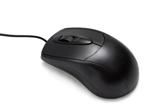 The black wired usb computer mouse is edited on a white background.
