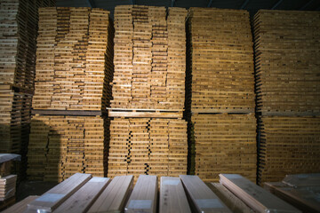 wood flooring planks stored in wood processing factory