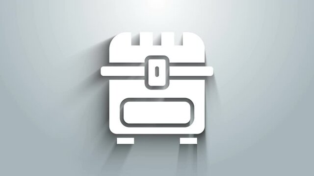 White Antique treasure chest icon isolated on grey background. Vintage wooden chest with golden coin. 4K Video motion graphic animation