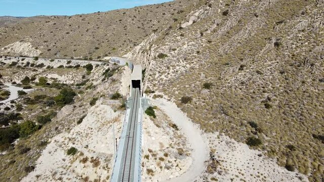Vista A&eacute;reas de l&iacute;nea f&eacute;rrea entre monta&ntilde;as en zona semides&eacute;rtica en Espa&ntilde;a