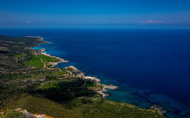 Green mountainous coast of the Mediterranean Sea on the Akamas Peninsula in the northwest of the island of Cyprus.