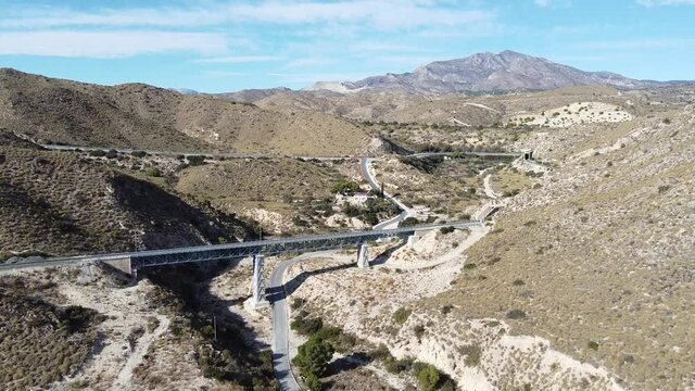 Vista A&eacute;reas de l&iacute;nea f&eacute;rrea entre monta&ntilde;as en zona semides&eacute;rtica en Espa&ntilde;a