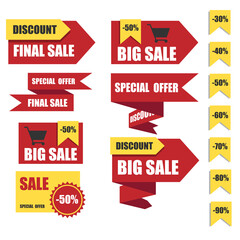 set of red discount labels in flat style