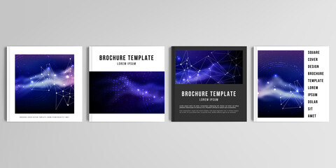 Realistic vector layouts of cover mockup templates for square brochure, cover design, flyer, book design, magazine, poster. Digital data visualization, polygonal science dark background.