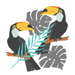 Seamless decorative pattern with toucan and tropical leaves. Hand drawn images. Trend of season on White background. Vector eps 10 illustration © Zalina