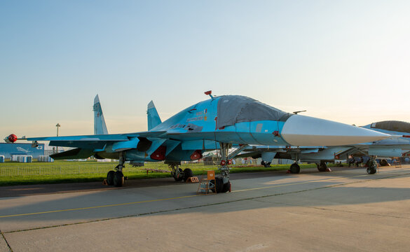 August 30, 2019, Moscow region, Russia.  Russian Multifunctional supersonic fighter-bomber Sukhoi Su-34 "Oleg Peshkov" at the International aviation and space salon.