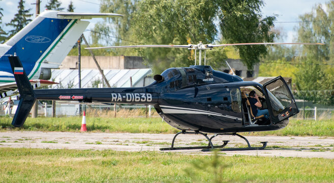 September 12, 2020, Kaluga region, Russia. Helicopter Bell 505 a training flight at the Oreshkovo airfield.