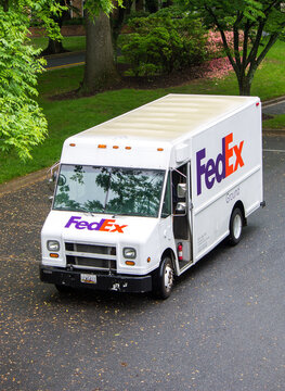 Federal Express (FedEx) truck out on delivery in Rockville, Maryland on May 22 2018