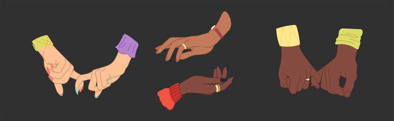 Set of young people hands isolated background. Lovers hand group with raised arm for celebration valentines day or friend community concept. Flat cartoon illustration of men and women arms.