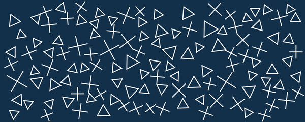 Blue pattern background with square triangle circle x and plus icon. 