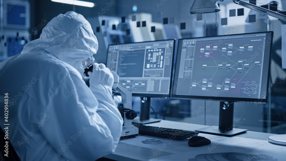 Aufkleber Research Factory Cleanroom: Engineer / Scientist wearing Coverall and Gloves Use Microscope to Inspect Motherboard Microprocessor Component, Developing High Tech Modern Electronics