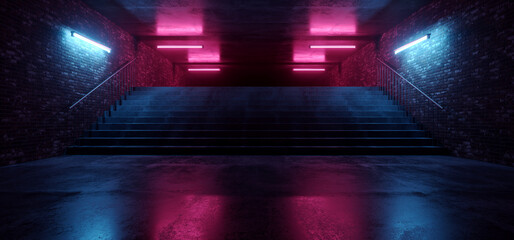 Cyber Sci Fi Neon Stairs Fluorescent Club House Laser electric Grunge Brick Walled Cement Concrete Grunge Purple Blue Vibrant Hangar Room Studio Space Realistic Background 3D Rendering