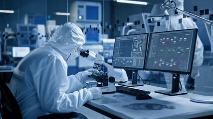 Research Factory Cleanroom: Engineer / Scientist wearing Coverall and Gloves Use Microscope to...