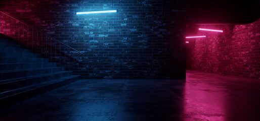 Cyber Sci Fi Neon Stairs Fluorescent Club House Laser electric Grunge Brick Walled Cement Concrete Grunge Purple Blue Vibrant Hangar Room Studio Space Realistic Background 3D Rendering
