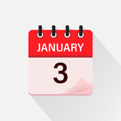 January 3, Calendar icon with shadow. Day, month. Flat vector illustration.