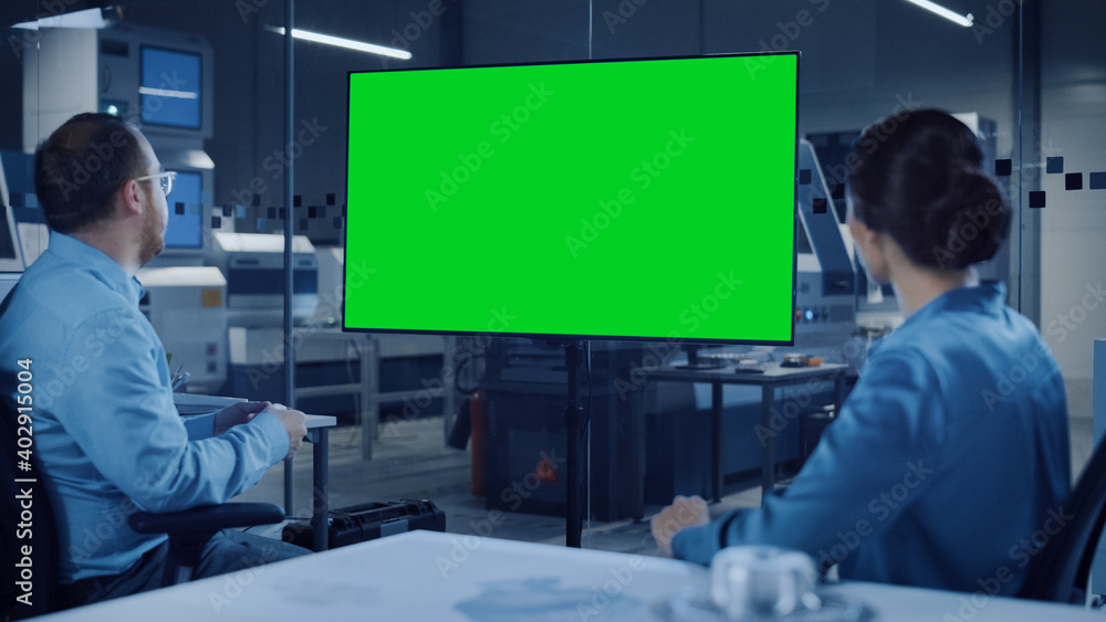 Aufkleber office meeting: confident female engineer talks to project manager, watching interactive digital whi