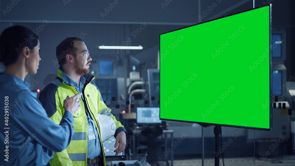 Aufkleber office meeting: confident female project manager to chief engineer, watching interactive digital whi