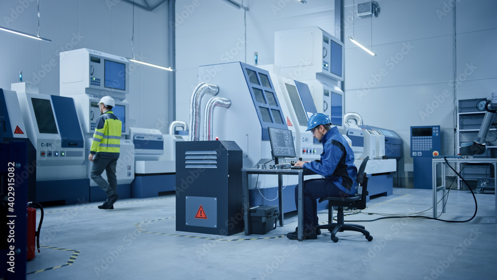 Poster In Factory: Professionals Working on CNC Machinery, Walk Through Workshop, Use Computers, Manipulate Robot Arm Production Line. Engineer Controls System with Computer.