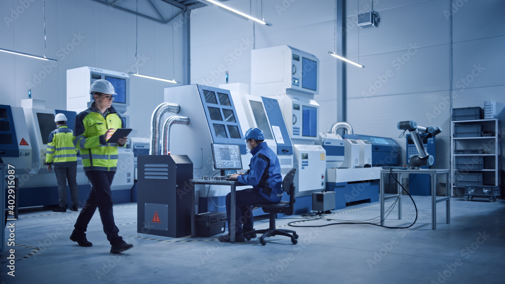 Poster In Factory: Professionals Working on CNC Machinery, Walk Through Workshop, Use Digital Tablet, Manipulate Robot Arm Production Line. In-Office: Engineer Controls System with Computer.