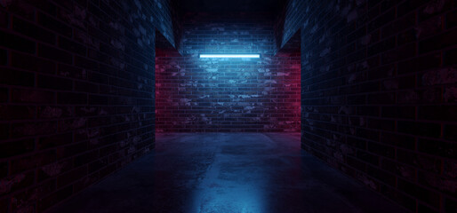 Fototapeta premium Cyber Sci Fi Neon Tunnel Corridor Fluorescent Club House Laser electric Grunge Brick Concrete Grunge Purple Blue Vibrant Hangar Room Studio Realistic Background 3D Rendering