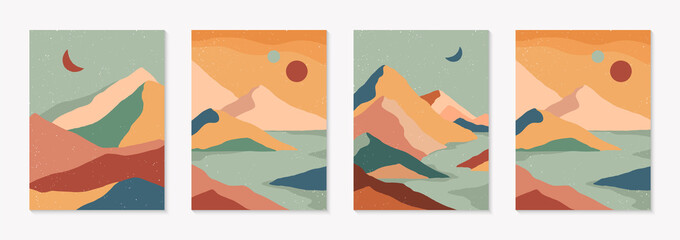 Set of creative abstract mountain landscape and mountain range backgrounds.Mid century modern vector illustrations with hand drawn mountains,sea or desert,sky,sun,moon.Trendy contemporary design.