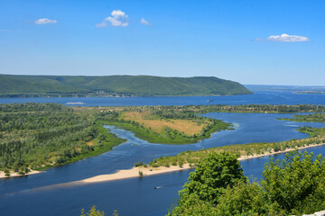 Fototapeta premium Panoramic View of Volga River near Samara, Russia from helipad. Volga is the biggest river in Europe.