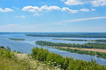 Panoramic View of Volga River near Samara, Russia from helipad. Volga is the biggest river in Europe.