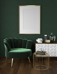 Framed poster mockup, velvet armchair with cabinet and golden side table, vintage, art deco style interior scene