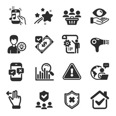 Set of Business icons, such as Search, Touchscreen gesture, Security agency symbols. Person idea, Buyers, Accepted payment signs. Music phone, Hair dryer, Settings blueprint. Health eye. Vector