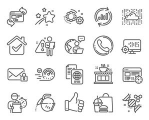 Business icons set. Included icon as Passport document, Update data, Gears signs. Refresh website, Like hand, Seo symbols. Call center, Coffee pot, Secure mail. Speedometer, Chemistry dna. Vector