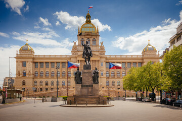 Wenceslas Square with equestrian statue of saint Vaclav in front of National Museum in Prague,...