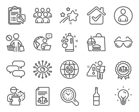 Business icons set. Included icon as Artificial intelligence, 5g internet, Eyeglasses signs. Justice scales, Talk bubble, Stop shopping symbols. Spanner, Energy, Clean bubbles. Avatar. Vector