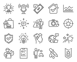 Education icons set. Included icon as Idea, Mindfulness stress, Algorithm signs. Confirmed, Microphone, Trade infochart symbols. Report document, Trophy, Shoulder strap. Chemistry pipette. Vector