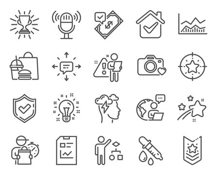 Education icons set. Included icon as Idea, Mindfulness stress, Algorithm signs. Confirmed, Microphone, Trade infochart symbols. Report document, Trophy, Shoulder strap. Chemistry pipette. Vector