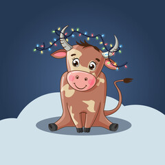 Cartoon character bull, with diode lamps on the horns, a symbol of 2021. The cow is drawn in vector. This cute baby is perfect for decorating a calendar or poster in a nursery.
