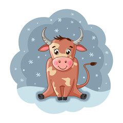 Cartoon character bull, against a background of snowflakes, a symbol of 2021. Drawn in vector. This funny calf is perfect for decorating a calendar or poster in a nursery.