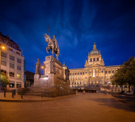 Wenceslas Square with equestrian statue of saint Vaclav in front of National Museum during the night in Prague, Czech Republic (Czechia), Europe