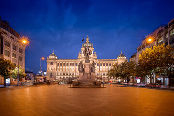 Naklejka na ściany i meble Wenceslas Square with equestrian statue of saint Vaclav in front of National Museum during the night in Prague, Czech Republic (Czechia), Europe