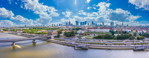 City skyline background. Aerial view of Warsaw capital city of Poland. From above, city view with night sky. Panorama of Warsaw cityscape. Europe. Aerial view