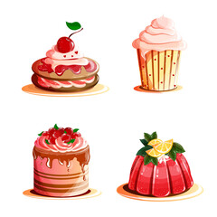 A set of sweet creamy dessert pastries with cherries and chocolate, delicious pastries. Isolated confectionery. Vector birthday cakes, frosting flavorings decorations set.