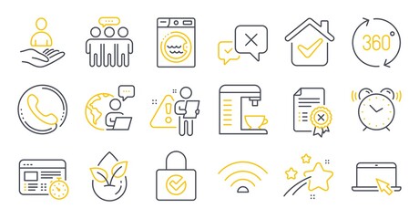 Set of Technology icons, such as Laundry, Coffee machine, Reject symbols. Employees group, Alarm clock, Web timer signs. Recruitment, Wifi, Organic product. Call center, Portable computer. Vector