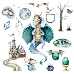 Magic fairy green dragon, castle elements and characters. Hand drawn watercolor cartoon set adventure kid illustration in white background
