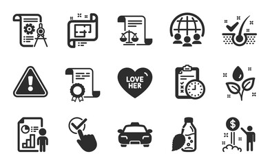 Architectural plan, Anti-dandruff flakes and Certificate icons simple set. Divider document, Legal documents and Taxi signs. Love her, Income money and Checkbox symbols. Flat icons set. Vector