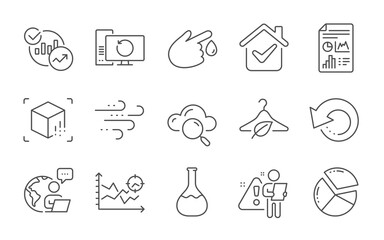 Windy weather, Slow fashion and Report document line icons set. Chemistry lab, Blood donation and Pie chart signs. Cloud computing, Recovery computer and Statistics symbols. Line icons set. Vector